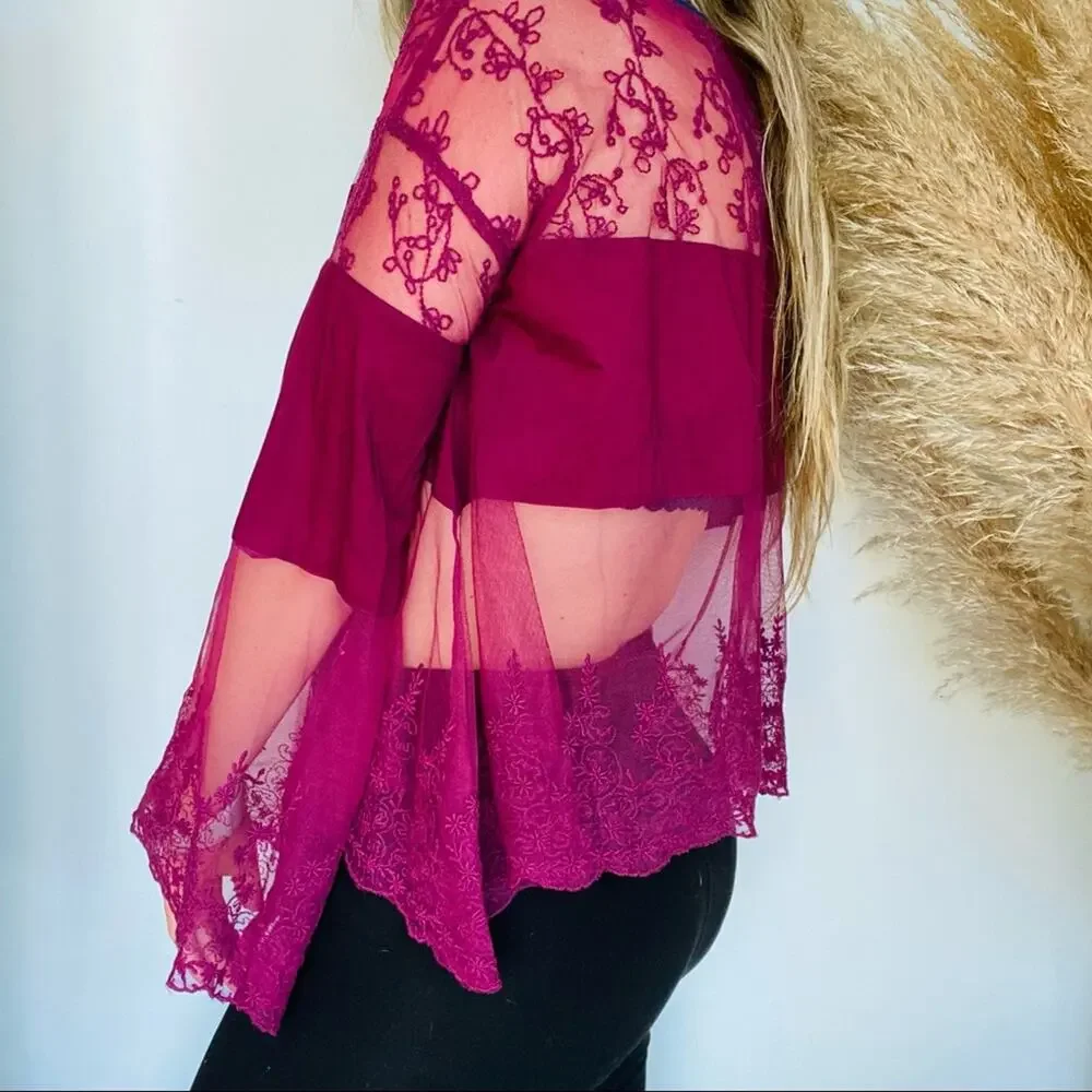FREE PEOPLE Maroon Red Sheer Lace Mesh Long Bell Sleeve Crop Top Blouse Shirt M